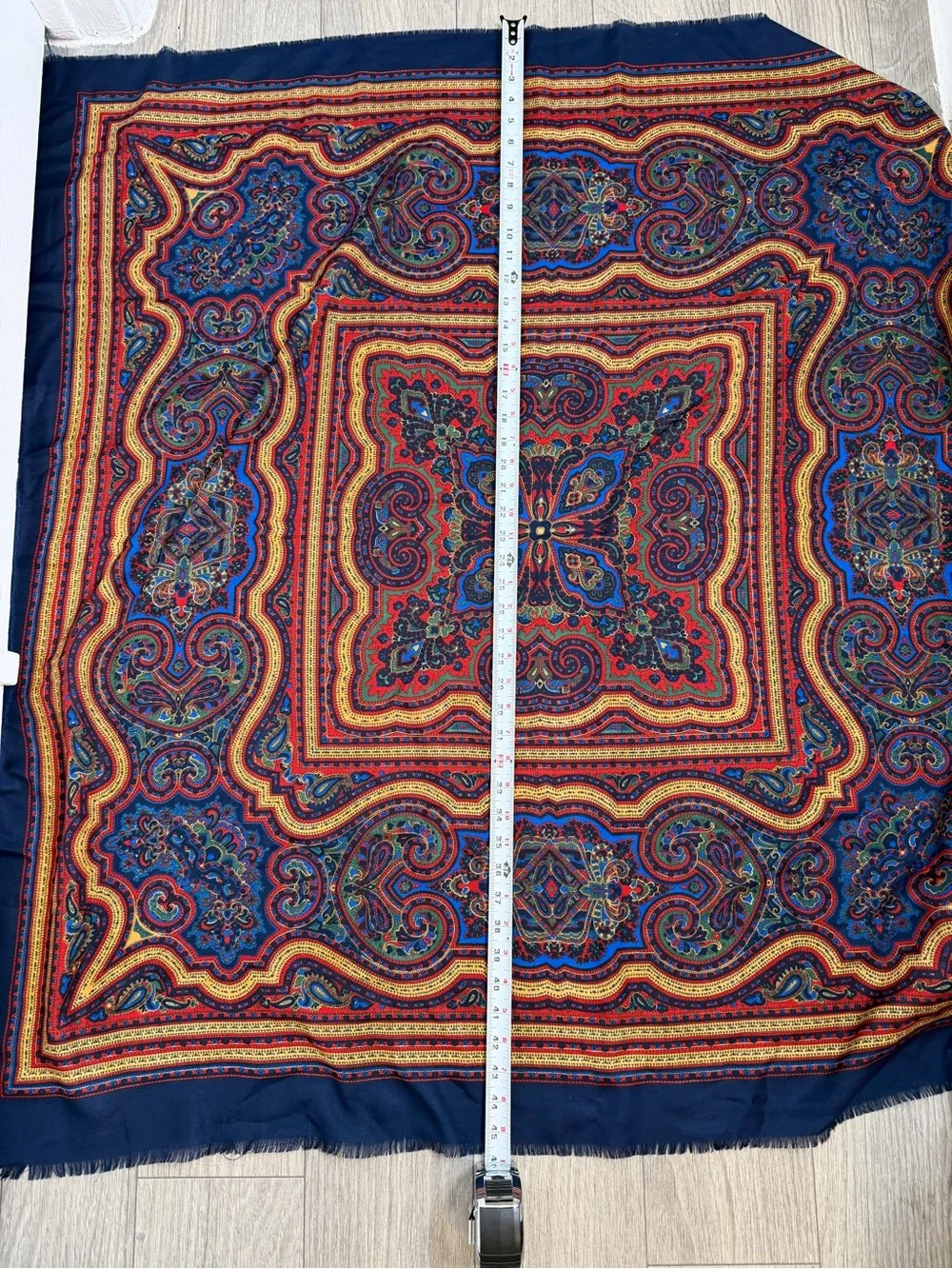 Large 46” Paisley Square Scarf Shawl Navy Blue Red Gold Boho Wrap